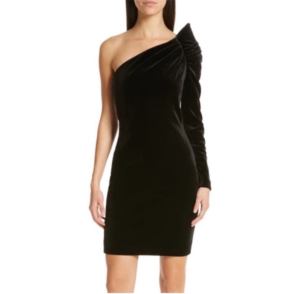 Ted Baker Black Velvet One Shoulder Sleeve Modern Minimalist Cocktail Dress Sz 1